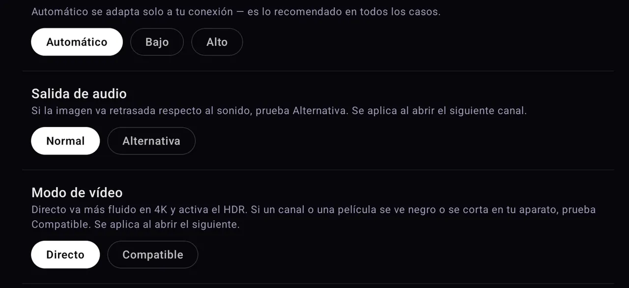 Ajustes › Reproducción: Colchón de buffer, Salida de audio y Modo de vídeo