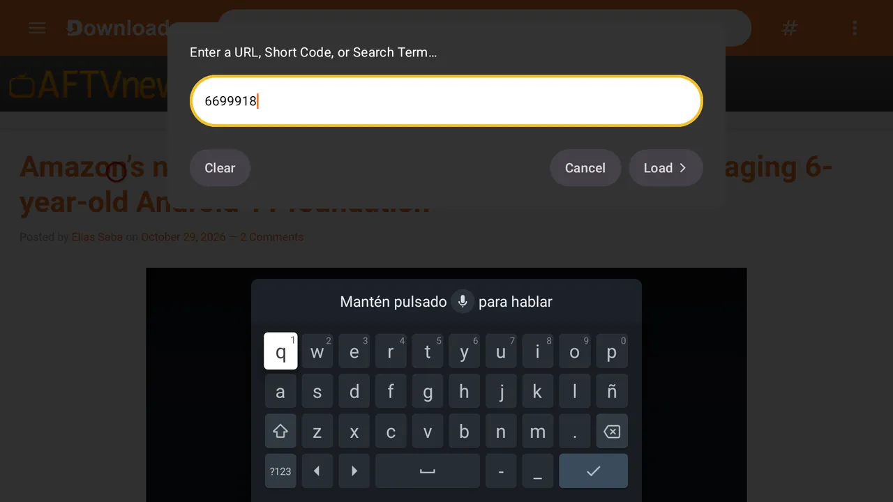 El código 6699918 escrito en la casilla de Downloader