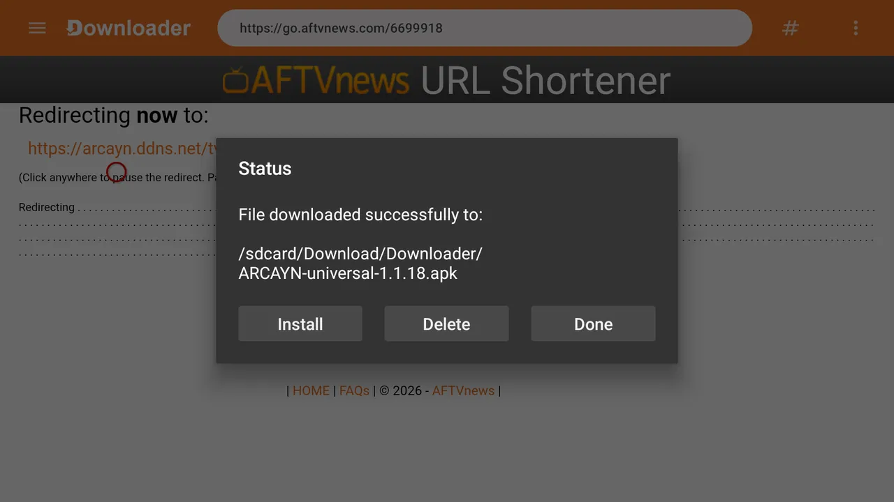 Downloader con los botones Install, Delete y Done