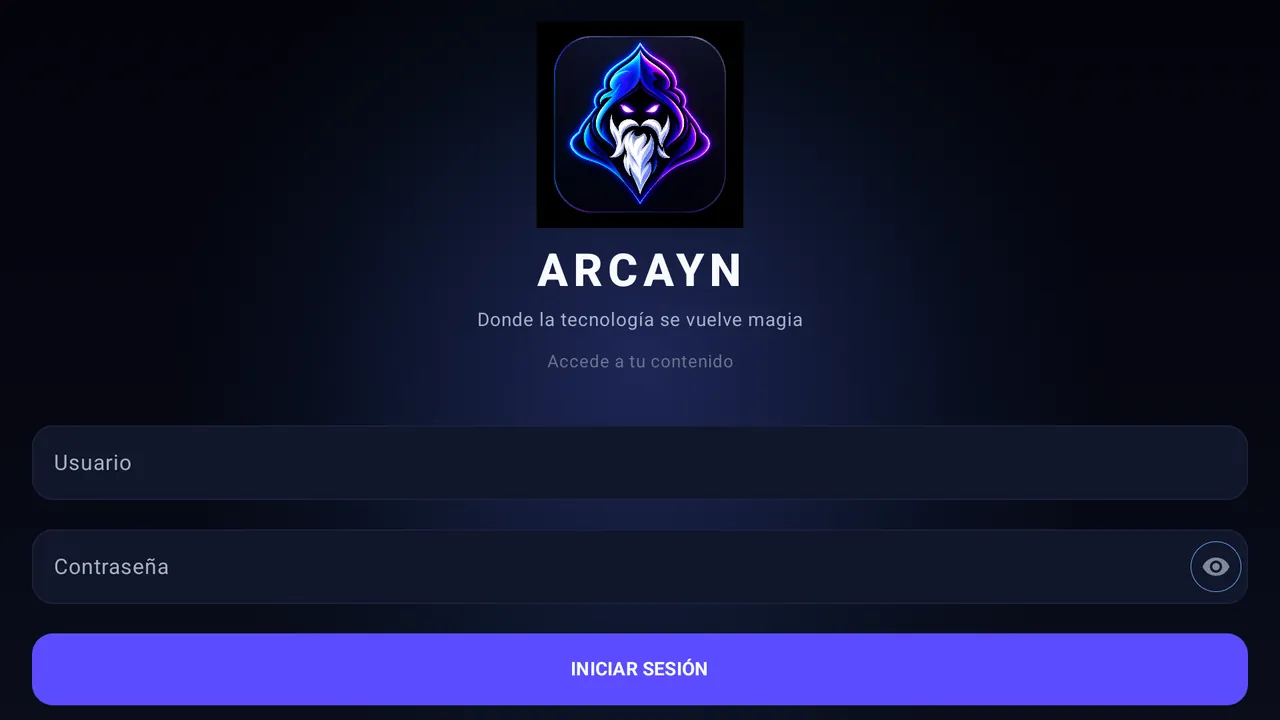 Arcayn abierto en la pantalla de acceso, con Usuario y Contraseña