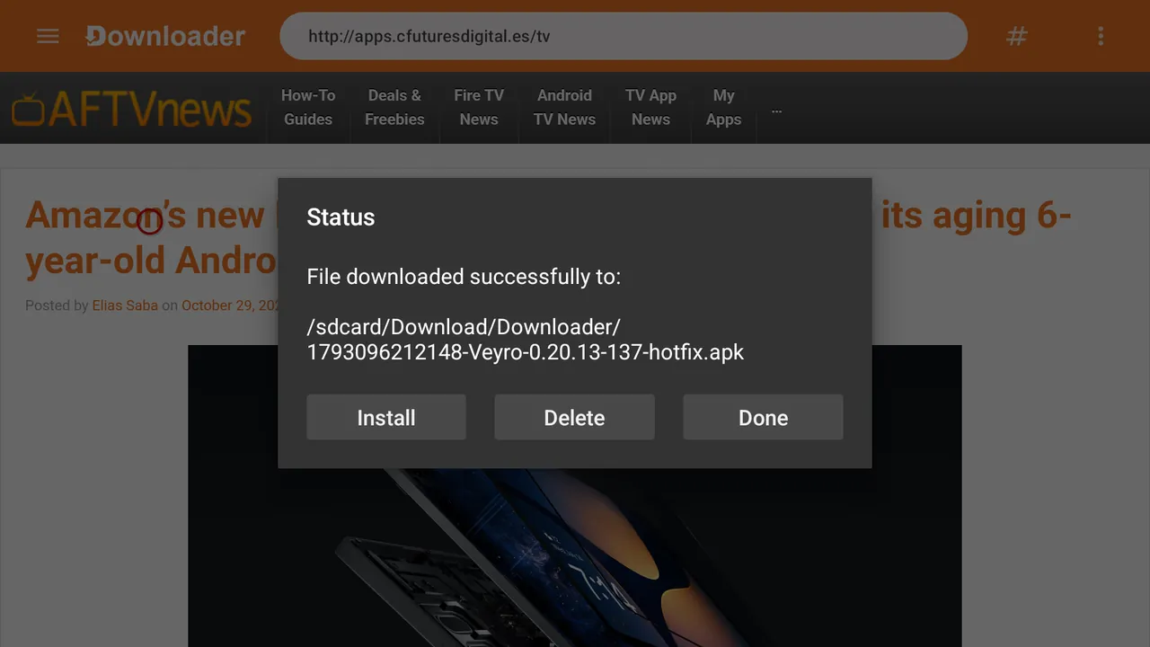 Downloader con los botones Install, Delete y Done