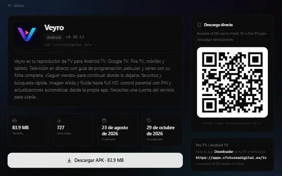 La ficha de Veyro en la tienda, con el botón de descarga y el código QR